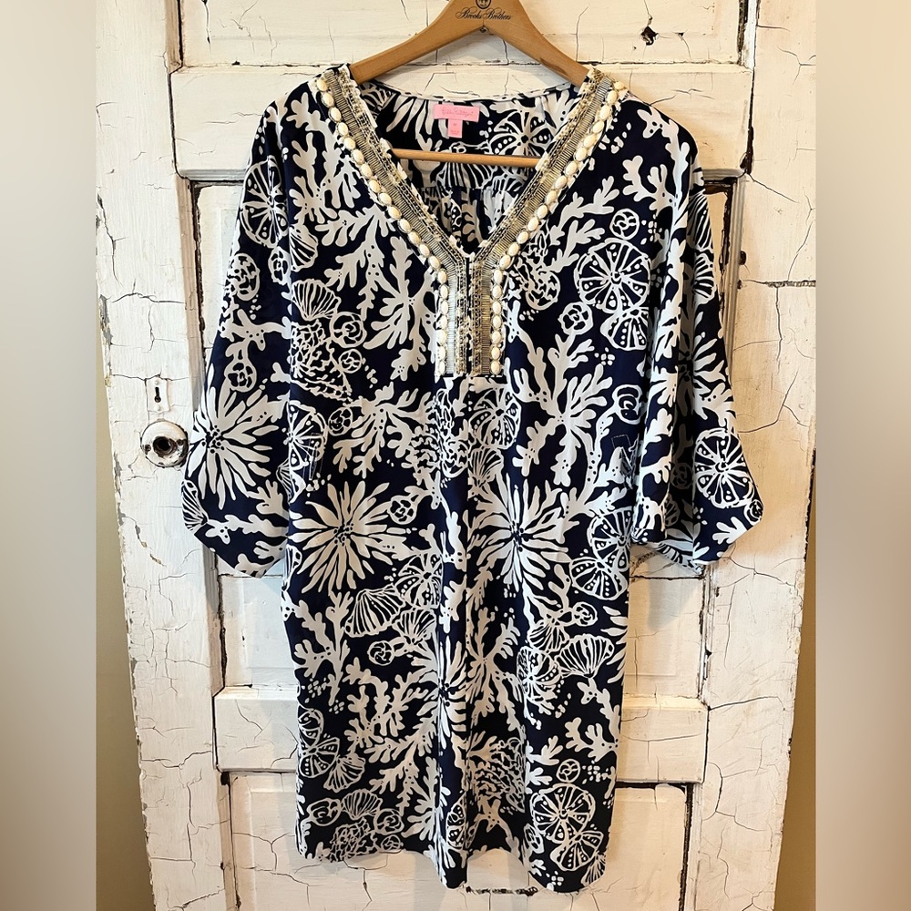 Lilly Pulitzer Wilda Bright Navy In Groove Beaded Neck Caftan Dress